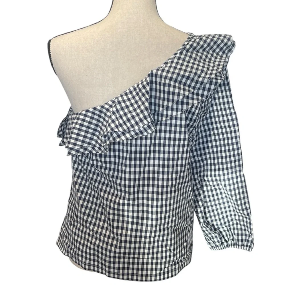 NWT J. Crew Black White Gingham One Shoulder Ruffle‎ Blouse CottageTomato Girl